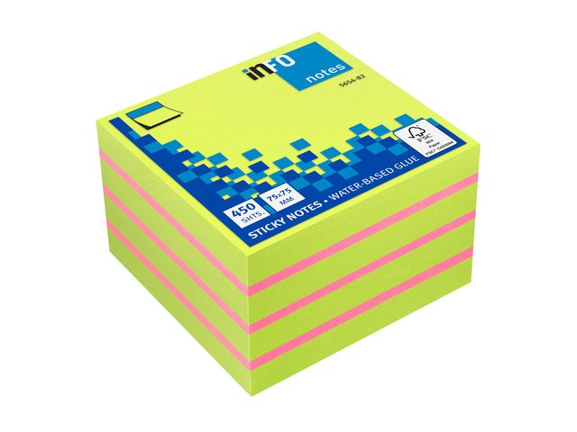 Info-Notizen, 75 x 75 mm, sortierter Block mit 450 Blatt fluoreszierender Farben