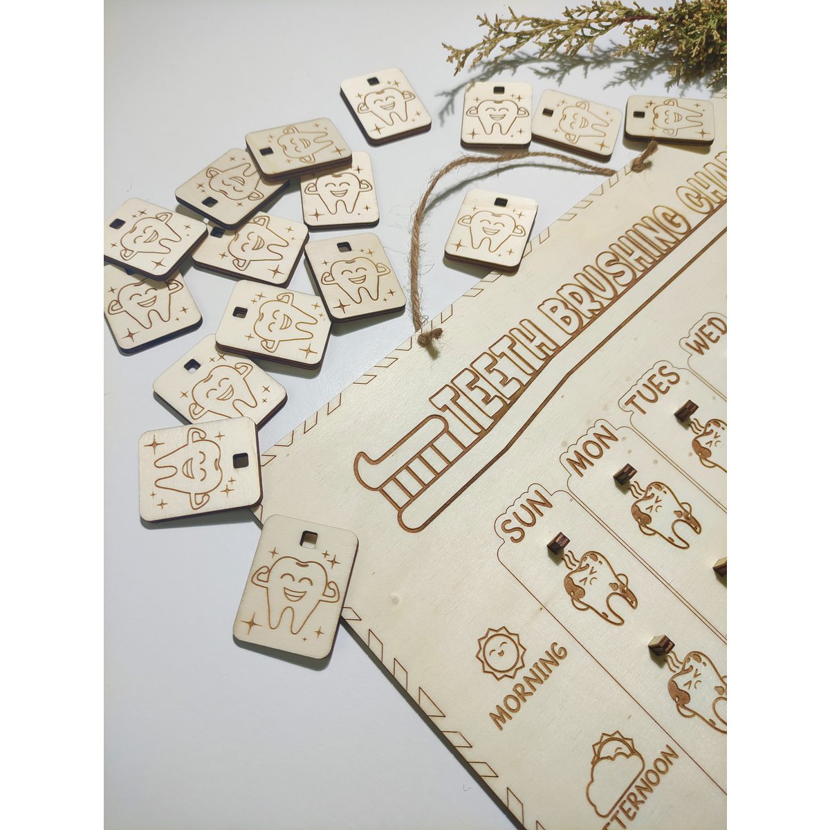 Houten tanden poetsbeurt, houten tandenborstel tracker, wekelijkse routine checklist
