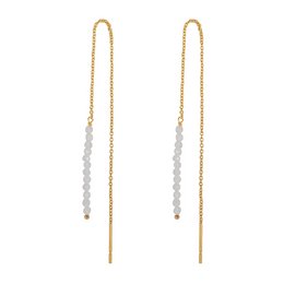 Gold-toned statement earrings with moonstone beads, featuring a long chain design.