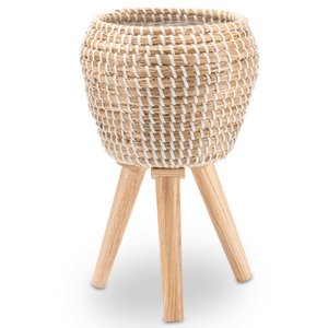 Braided flower pot from seagrass, with integrated stand