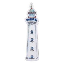 A white lighthouse with blue and red accents, featuring the text "MAGNET EGMOND AAN ZEE LIGHTHOUSE" on the side. The lighthouse has a tall, cylindrical shape with multiple levels and a bright light at the top.
