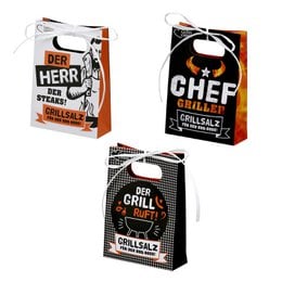 Gift bags with spice grill 3-sort. black; White, PU 24. The bags feature a grill design and text indicating they contain spice mixes. The materials mentioned are black, white, and PU (polyurethane).