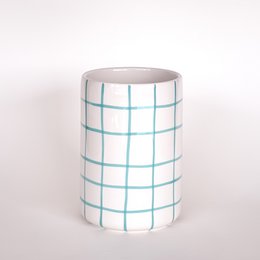 Mint green grid pattern cylindrical ceramic vase, modern geometric design, white background.