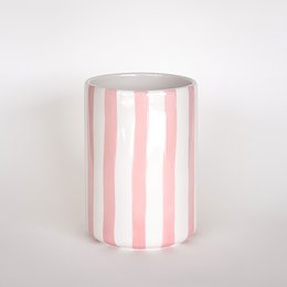  Pink and white striped cylindrical vase, tall round shape, vertical stripes pattern, ceramic material