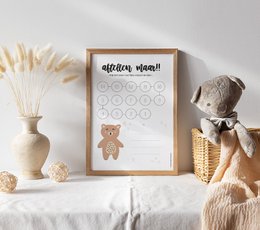 A4 countdown calendar with a cute bear design, perfect for kids' rooms. Features numbered circles to track days until an event.