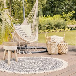 Round jute stool - Ø 30 x 42 cm - Wooden stool - bohemian stool with wooden legs - Multifunctional for living room, bedroom & hall - Durable stool - Brown/White