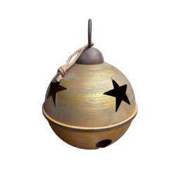 Metallic gold Christmas ornament with star cutouts and a hanging loop.