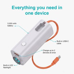 Power Bank portátil PB-008 de 5000 mAh - Blanco con cable incorporado y linterna LED