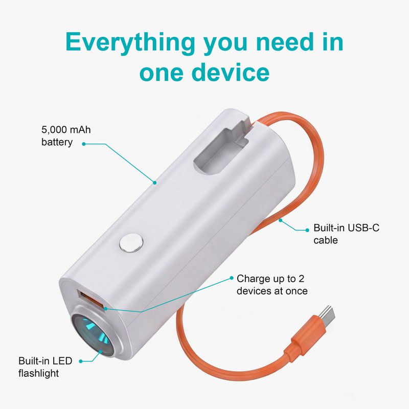 Power Bank portátil PB-008 de 5000 mAh - Blanco con cable incorporado y linterna LED