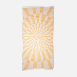 Mustard yellow and cream striped hammam towel with geometric sunburst optical pattern, lightweight cotton blend.