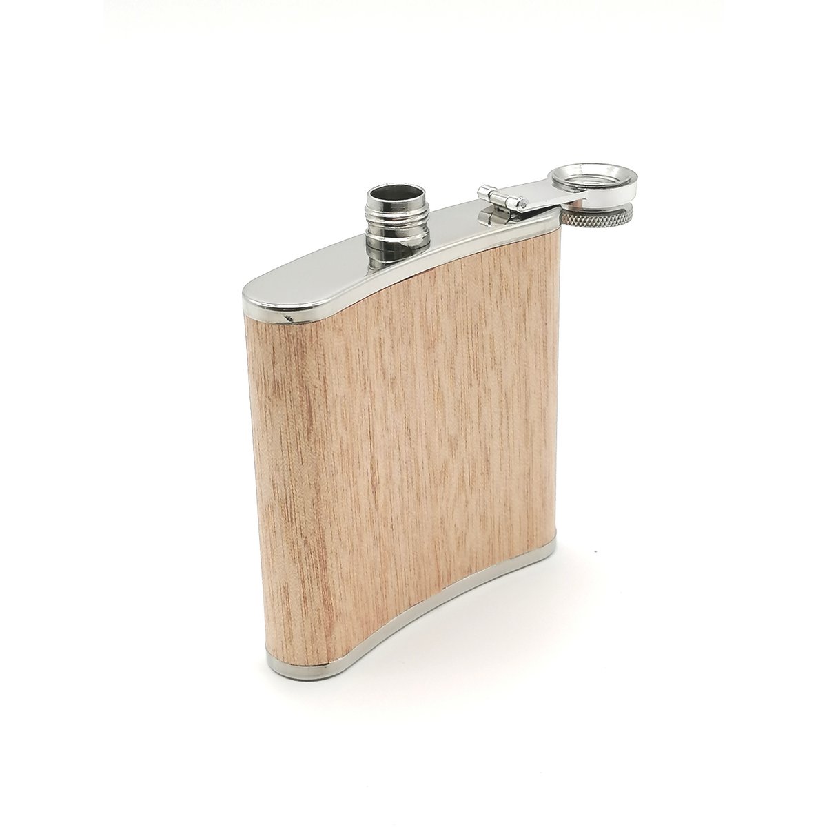 Flask made of stainless steel with light-colored real wood casing