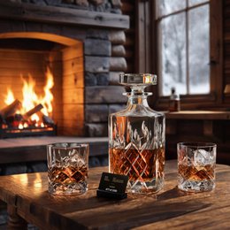 Handmade crystal whiskey decanter set with a royal, limited edition design, handcrafted in Italy. The set includes a decanter and two glasses, perfect for enjoying fine whiskey by the fireplace.