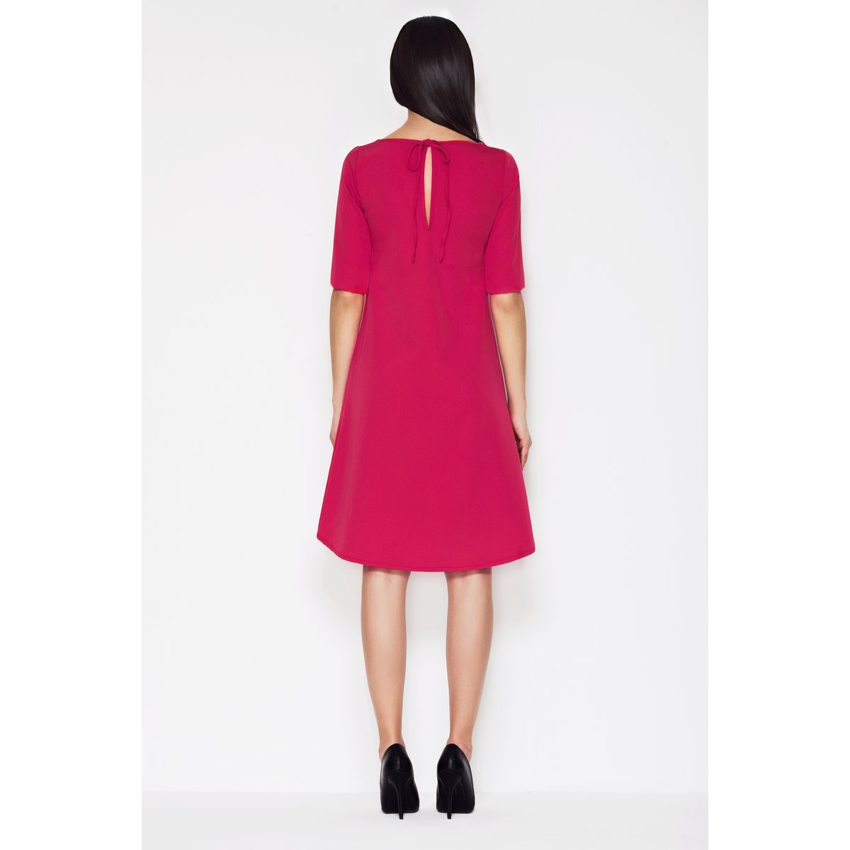 Asymmetrische trapezejurk met korte mouwen, fuchsia