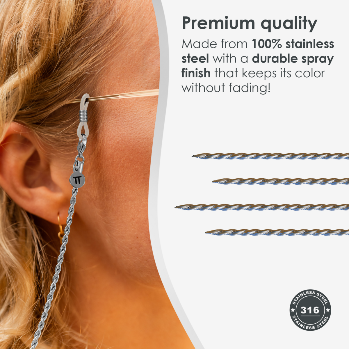 Glasses Cord Woven Silver — 100% Stainless Steel & Unisex Eyewear Cords for Women and Men — Glasses Chain with Extra Loops — Brillenkoord Brillenband Brillenkette Cordon de Lunettes Cordón Para Gafas