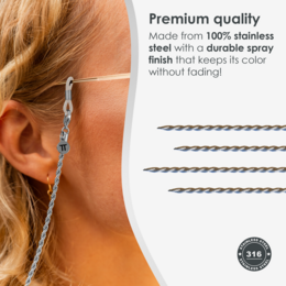 Glasses Cord Woven Silver — 100% Stainless Steel & Unisex Eyewear Cords for Women and Men — Glasses Chain with Extra Loops — Brillenkoord Brillenband Brillenkette Cordon de Lunettes Cordón Para Gafas