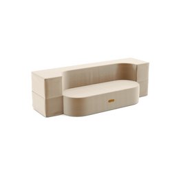 Beige, rectangular kids' ottoman with storage compartment and flip-up seat for play.