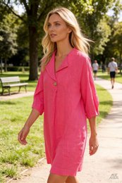 A long-sleeved, knee-length dress made of lightweight, breathable linen fabric in a variety of pastel and neutral colors. The dress features a V-neckline and a relaxed, A-line silhouette, making it a versatile and comfortable option for casual or semi-formal occasions.