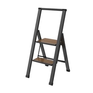 BLACK ALUMINUM LADDER 2 BAMBOO WOOD STEPS 44.5X5.4X99CM ST84579