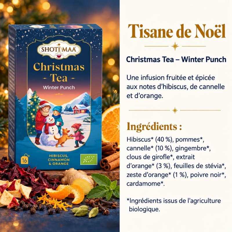 Tisane Bio Spéciale Noël - Chirstmas Tea - Winter punch - Hibiscus, pommes, cannelle, gingembre, clous de girofle, extrait d'orange