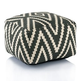  Rectangular pouf ottoman with a geometric pattern in black, white, and green. Made of durable materials, suitable for use as a footrest, extra seating, or decorative accent piece.