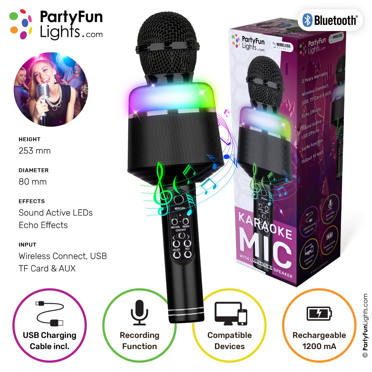 Micrófono Karaoke Bluetooth - Negro - Set Karaoke - Para Niños y Adultos - Inalámbrico - Eco - Con Altavoz - Luz LED