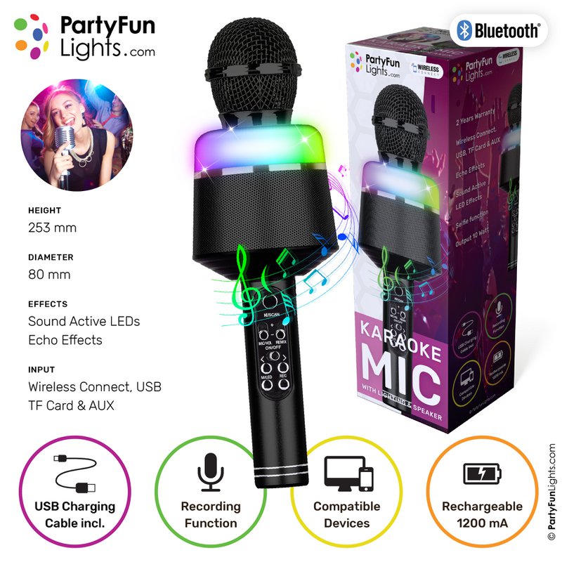 Karaokemikrofon Bluetooth - Sort - Karaokesæt - Til børn og voksne - Trådløs - Ekko - Med højttaler - LED lys