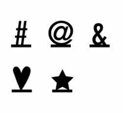 A set of black symbols including a hashtag, at symbol, ampersand, heart, and star. These symbols can be used to represent various concepts or as decorative elements.