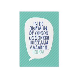 Colorful postcard with text in Dutch, featuring a vibrant teal and blue design with a playful, celebratory message.