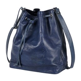 A navy blue leather bucket bag with a drawstring closure and a detachable shoulder strap. The bag has a simple, minimalist design and appears to be a versatile and practical accessory.