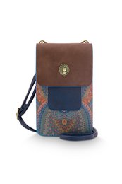  A small, rectangular phone bag in a brown suede-like material with a navy blue accent panel and decorative metal hardware. The bag has a detachable shoulder strap for hands-free carrying.