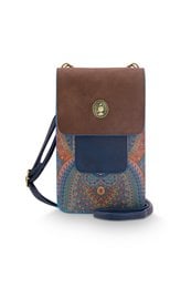 A small, rectangular phone bag in a brown suede-like material with a navy blue accent panel and decorative metal hardware. The bag has a detachable shoulder strap for hands-free carrying.