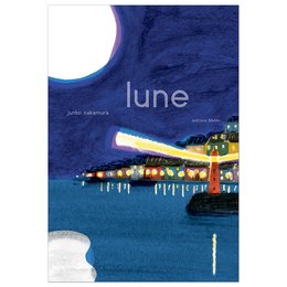 A colorful, abstract image depicting the word "lune" against a night sky with a crescent moon and illuminated buildings along a shoreline.