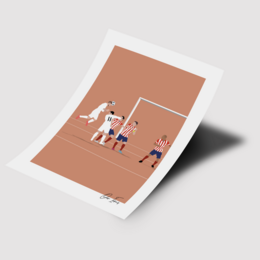A minimalist poster featuring a soccer player in action on a terracotta-colored background. The poster has a simple, stylized design with clean lines and geometric shapes.