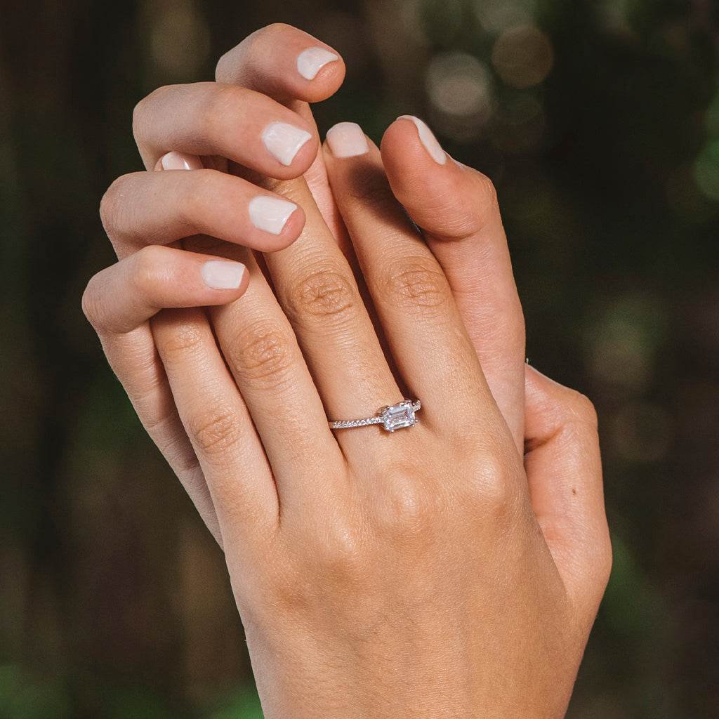 Silver ring with rectangular white zirconia