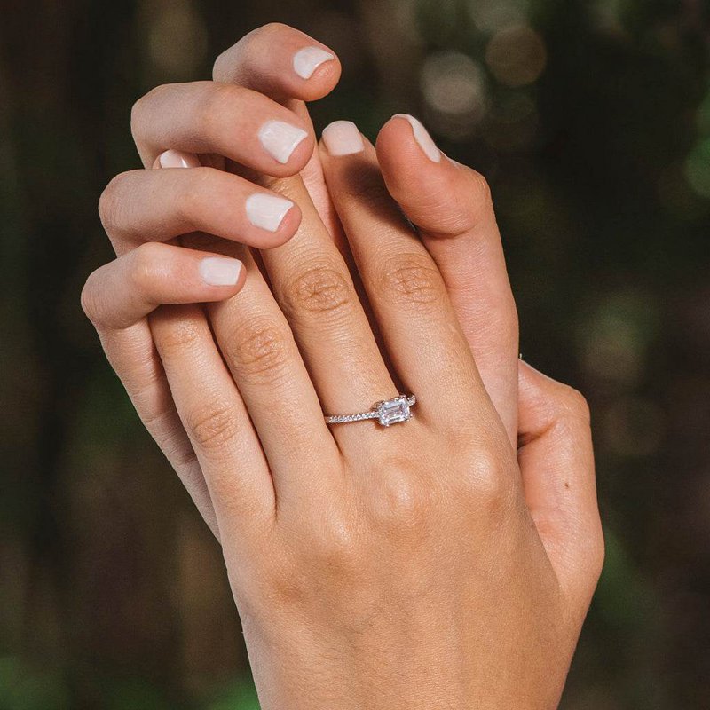 Silver ring with rectangular white zirconia