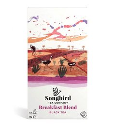 Breakfast blend tea from Songbird, featuring a 75g package with a vibrant illustration of a desert landscape and songbirds.