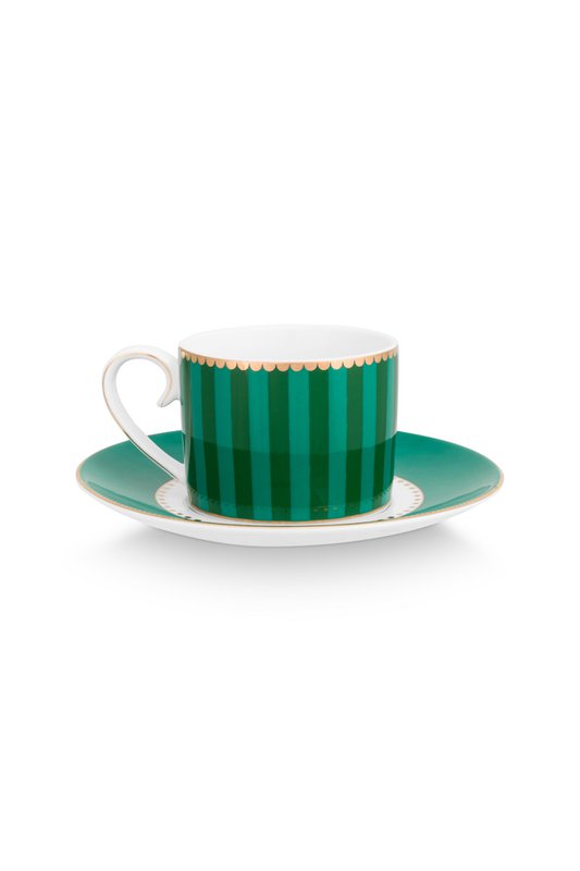 Set/2 Espresso Cups & Saucers Love Birds Stripes Emerald-Green