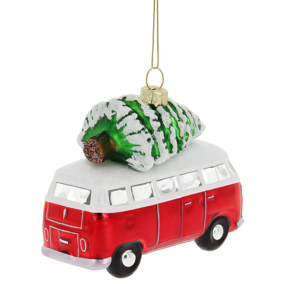 Volkswagen VW T1 Bus Glasdekoration/Weihnachtsschmuck in Geschenkbox – Rot mit Baum