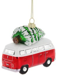 Volkswagen VW T1 Bus Glasdekoration/Weihnachtsschmuck in Geschenkbox – Rot mit Baum