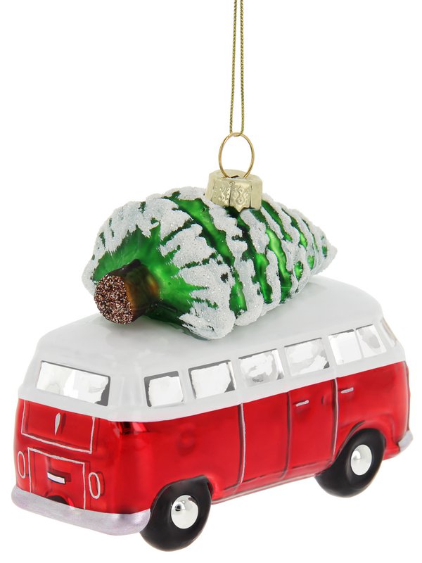 Volkswagen VW T1 Bus Glasdekoration/Weihnachtsschmuck in Geschenkbox – Rot mit Baum