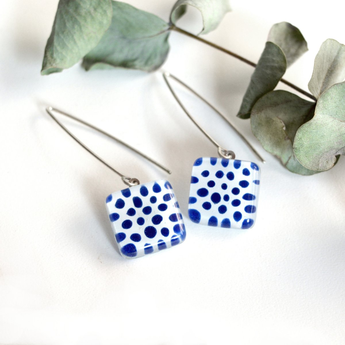 Cobalt blue Polka Dot earrings, Square glass charm dangle drop with long sterling silver hooks