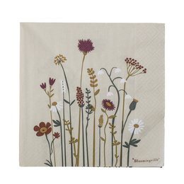 Floral napkin with nature-inspired design featuring various wildflowers and plants in earthy tones.
