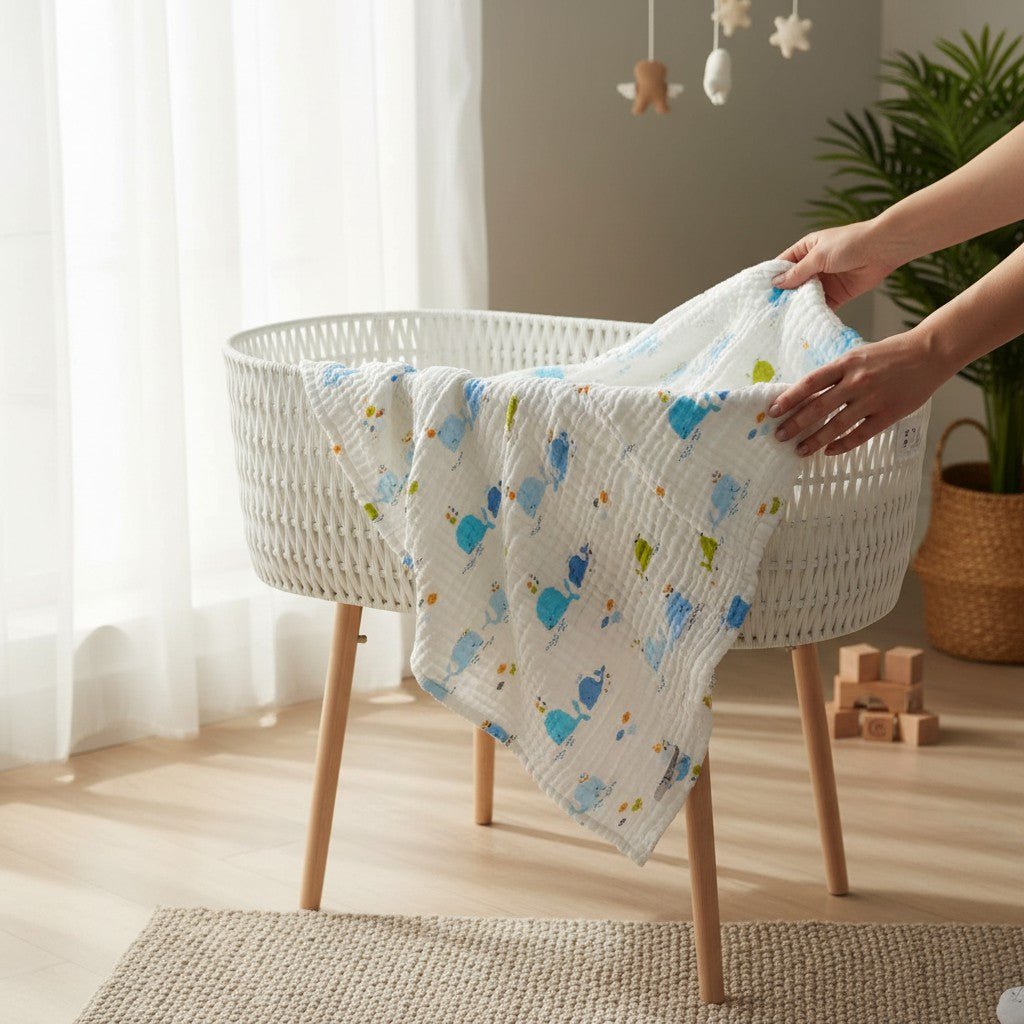 Nuvinokids® 6-lags bomuldsmuslin babytæppe blåhvaler