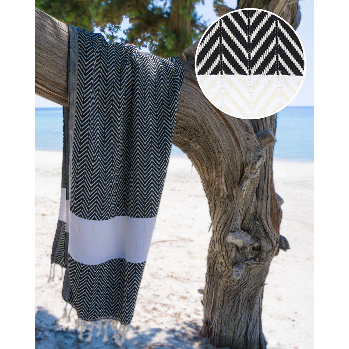 ZAYA Toalla Hammam Beach & Spa de Algodón – Compacta – Negro / Blanco - 180x100 cm