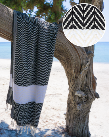 ZAYA Baumwoll-Hammam-Strand- und Spa-Handtuch – kompakt – Schwarz / Weiß – 180 x 100 cm