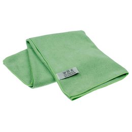 Green microfiber mop cloth for cleaning. Made of soft, absorbent microfiber material. Suitable for various cleaning tasks around the home.