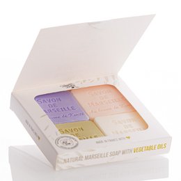 Scatola da 4 saponi di Marsiglia 50g - Con burro di karitè biologico - Profumi di Oliva, Mughetto, Rosa e Lavanda