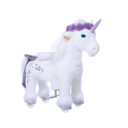 "A plush brown horse riding toy with blue and yellow accents, suitable for children ages 3-4. The toy features a soft, furry body and realistic details."