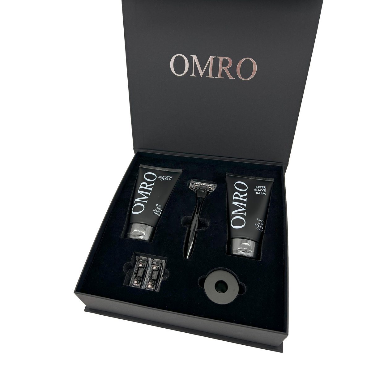 Barbersæt OMRO SHAVE v. Elegant - barbermaskine, 2x barbercreme, barberholder, barberblade