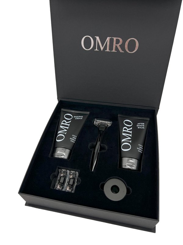 Rasierset OMRO SHAVE v. Elegant - Rasierer, 2x Rasiercreme, Rasierhalter, Rasierklingen